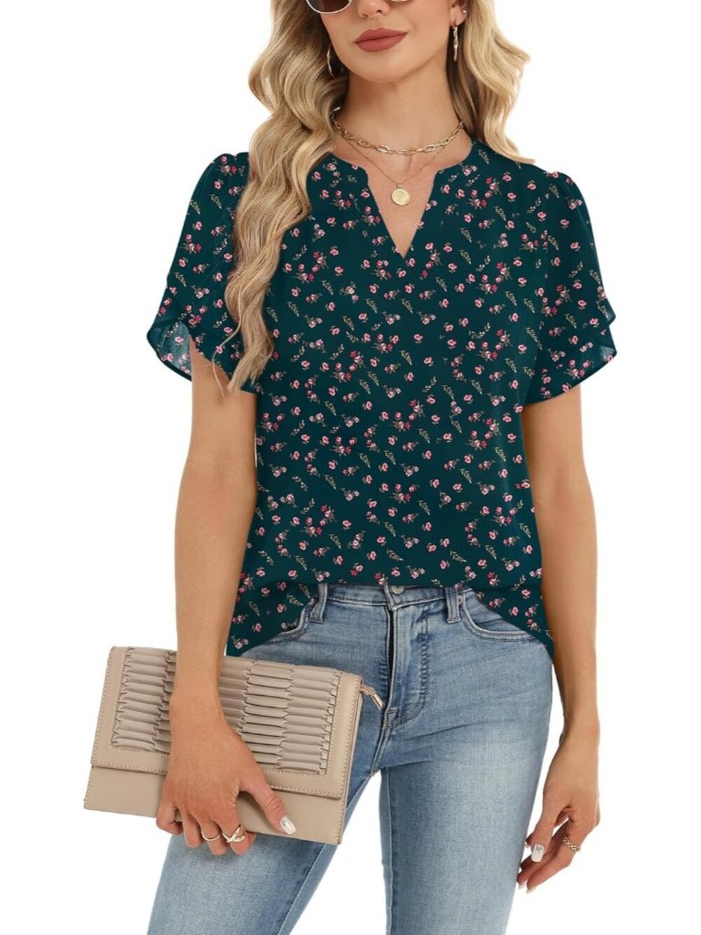 Women's Dark Green Floral Short Sleeve V Neck Imported Casual Blouse Tops Shirts - Picture 3 of 6